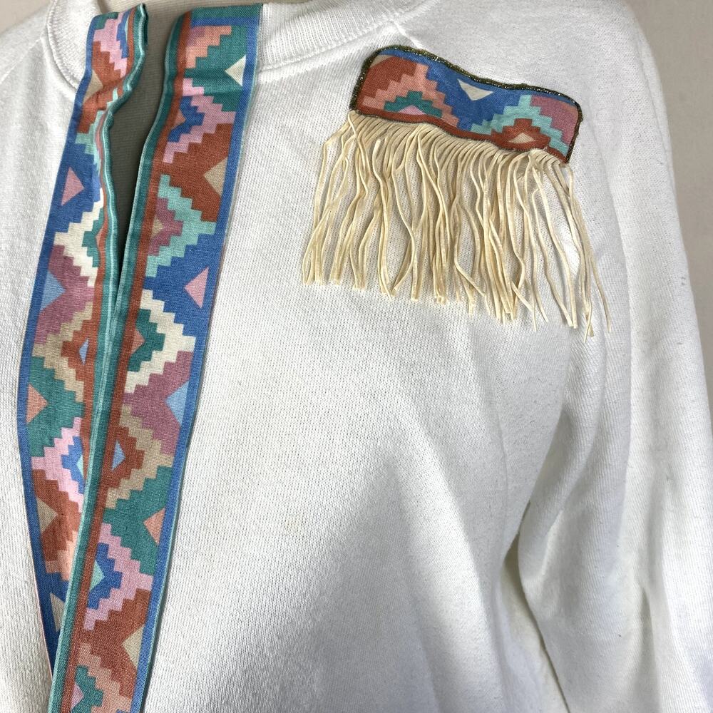 Vintage Southwestern Boho Aztec Abstract Embroidered Fringe Art Sweater Jacket - Picture 4 of 9